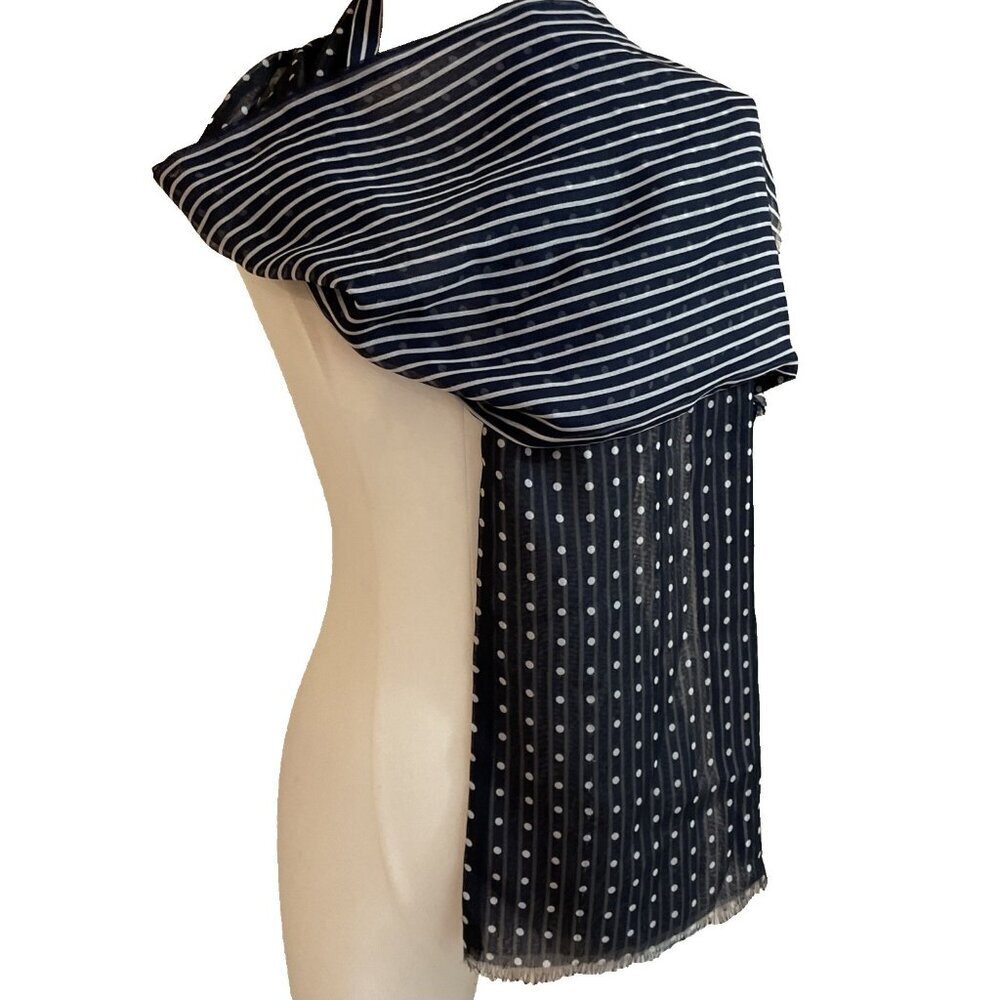 Lord & Taylor Lightweight Silky Scarf Navy Reversible Dots Stripes Italy 11X58"